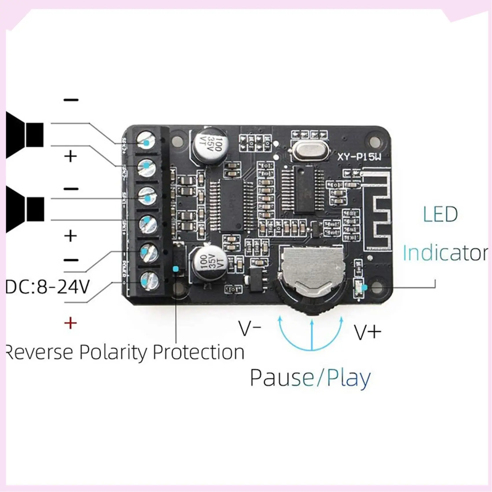 B24B 2X 20W Stereo Bluetooth Power Amplifier Board 12V / 24V High Power Digital Power Amplifier Board XY-P15W Without Shell