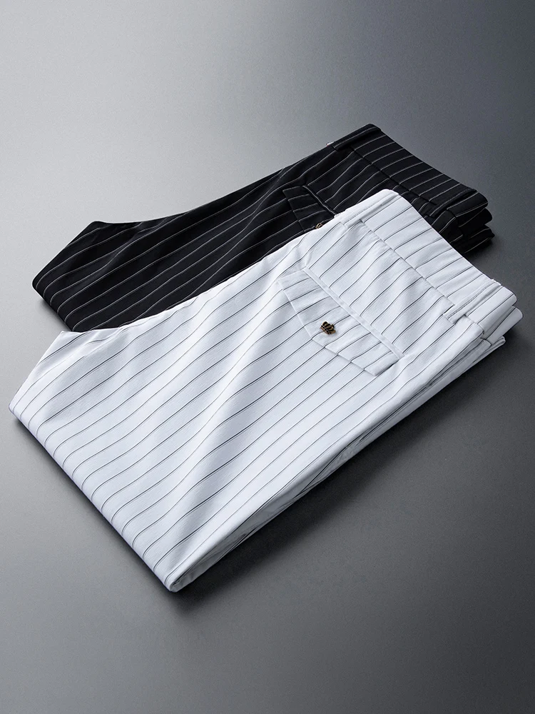 

Ele Quali Men's Slim Fit Casual Pants Spring Summer White Stripes Thin Elastic mid Waist Trendy Brand Long Pants