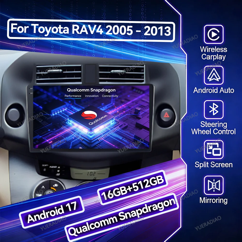 Autoradio multimédia Android 17 Carplay Auto pour Toyota RAV4 3 XA30 2005 - 2013 Lecteur vidéo stéréo GPS NAVI 4G WIFI Unité centrale
