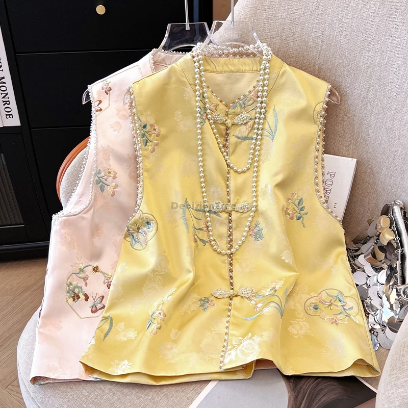 

2025 новый жилет в китайском стиле, женский жилет с вышивкой, без рукавов, воротник-стойка, Cheongsam, элегантный модный костюм Тан, топ t1