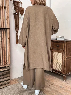 2026 Spring New Collection: Cotton-Linen Textured Loose Cardigan and Wide-Leg Pants Two-Piece Set, Casual Lazy Style Commuting and Vacation Outfit, Plus Size Women's Clothing