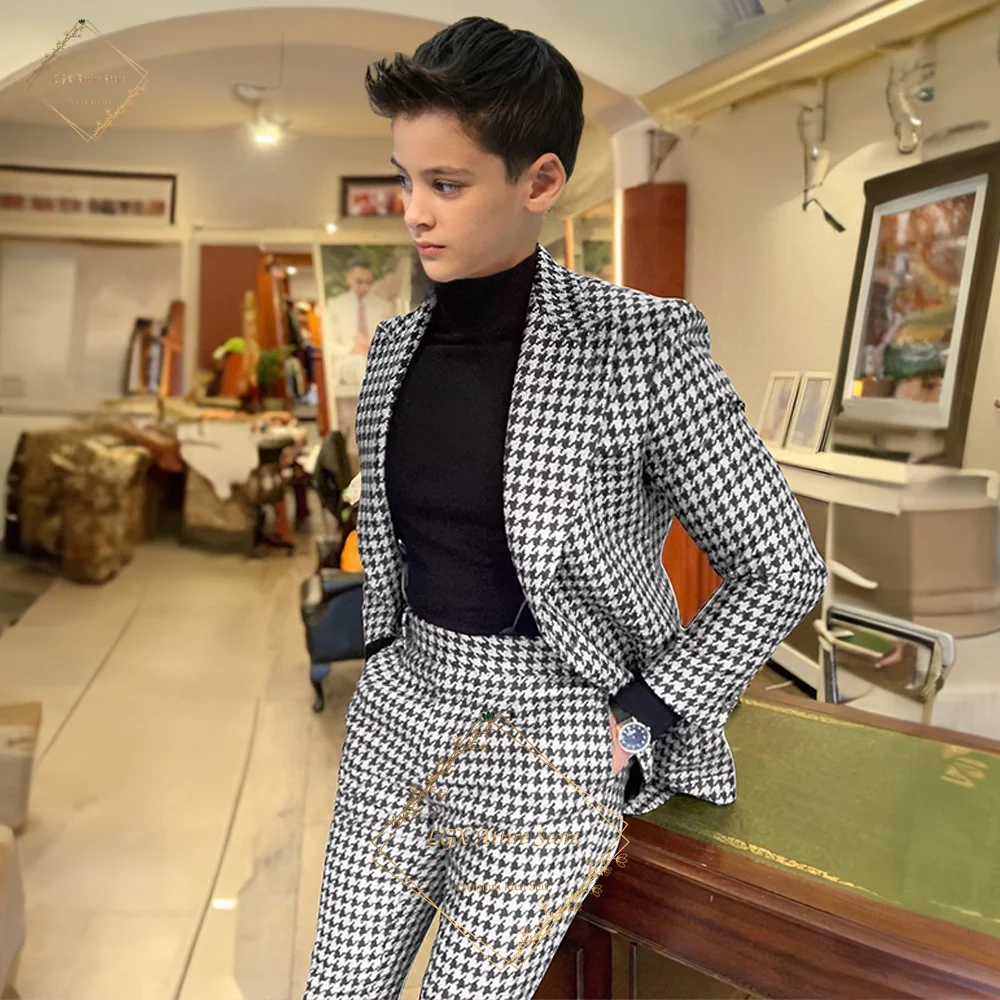 Boys luxury elegant houndstooth suit 2 piece set, custom peaked lapel jacket pants wedding party formal occasion suit