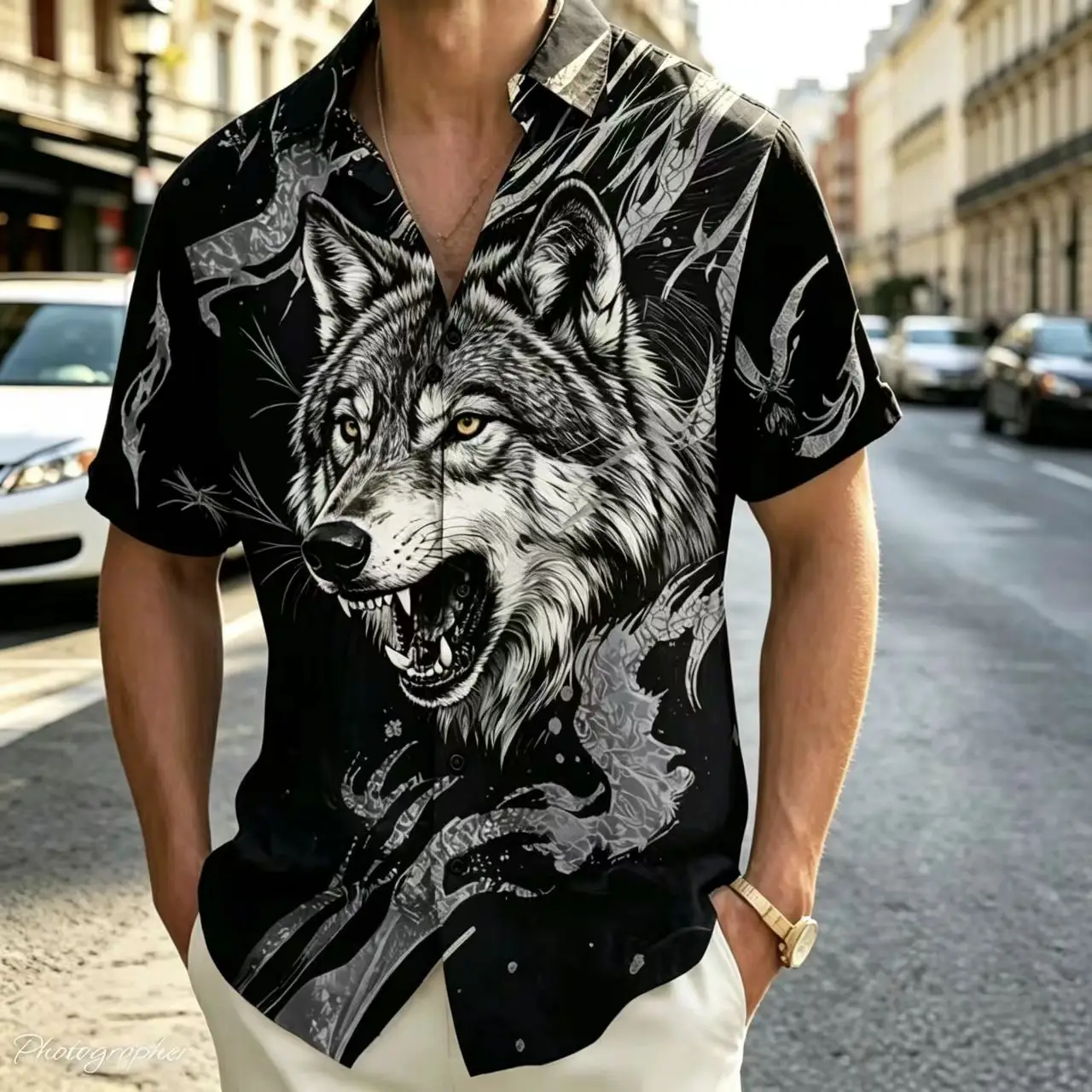 Men's short sleeved shirt, Forest Wolf 3D printed pattern, comfortable fabric, casual vacation, street style short sleeved top