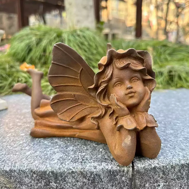 Rustic Cast Iron Fairy Sculpture Garden Lying Angel Statues Outdoor Decor Ornament Farmhouse Style Tabletop Metal Fairy Statues
