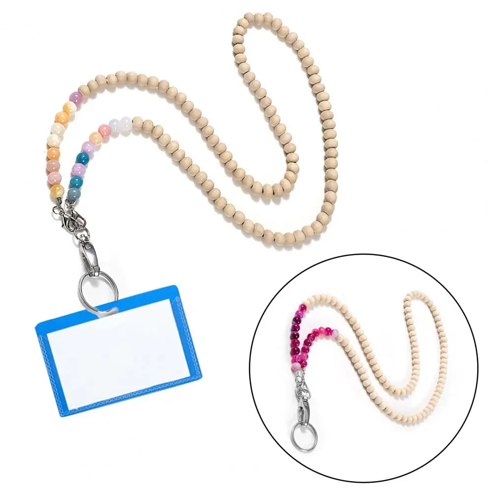 Wooden Bead Lanyard Key Card Lanyard Stylish Beaded Lanyard Id Badge Holder Natural Wood Beads Work Card for Women for Cruise