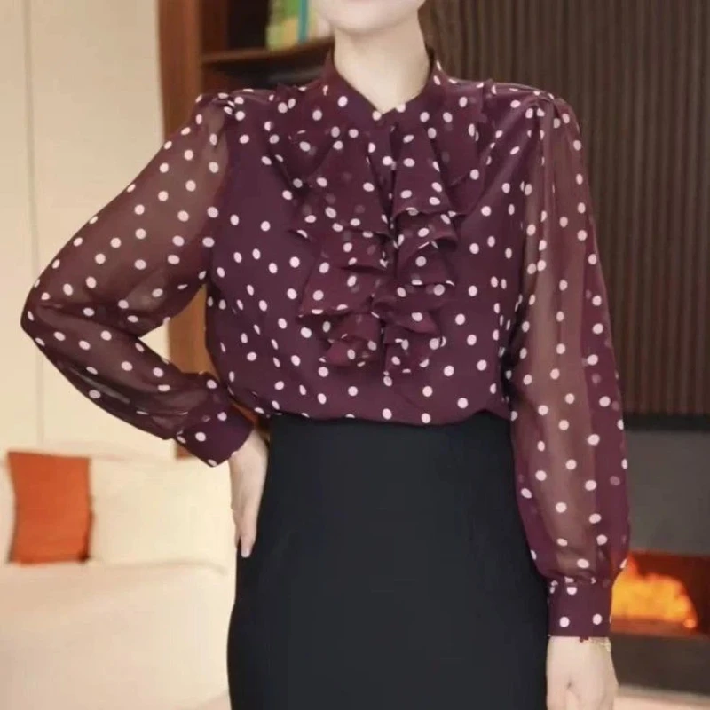 

Elegant Women Blouse With Polka Dot Pattern Ruffles And Puff Sleeves For Spring Autumn Wear