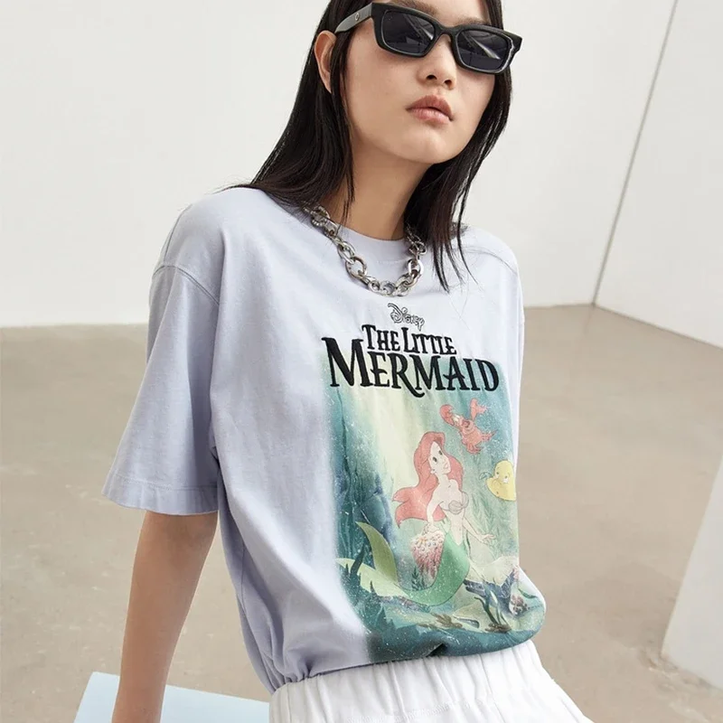 Harajuku Gothic Disney Cartoon The Little Mermaid Lady  Printed Women T-shirts Casual O-neck Oversized Short Sleeve Tops Tees