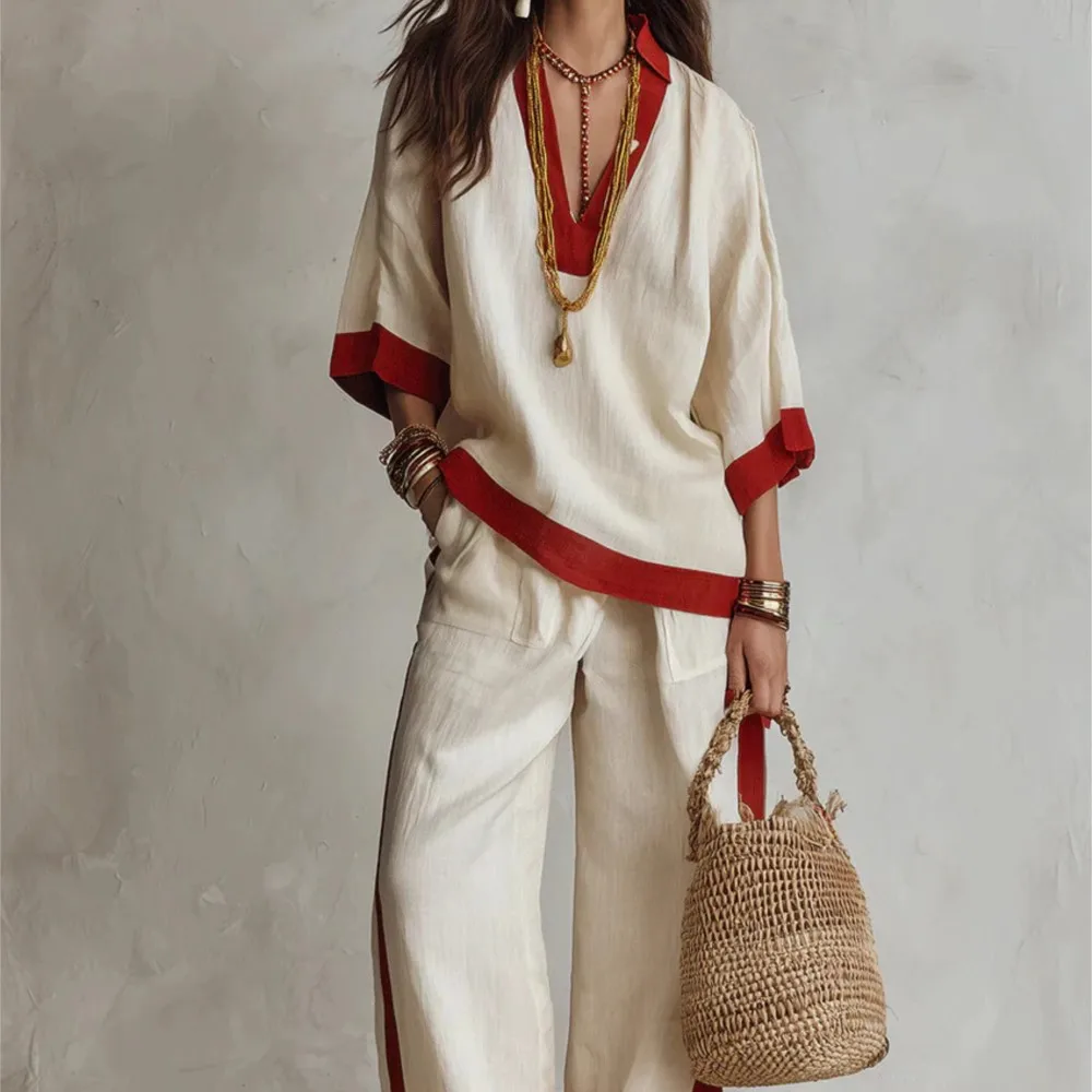 Loose Trousers Set Fashionable Contrasting Colors Autumn Winter Street Style Cotton Linen V-neck Tops Trousers Two-piece Set