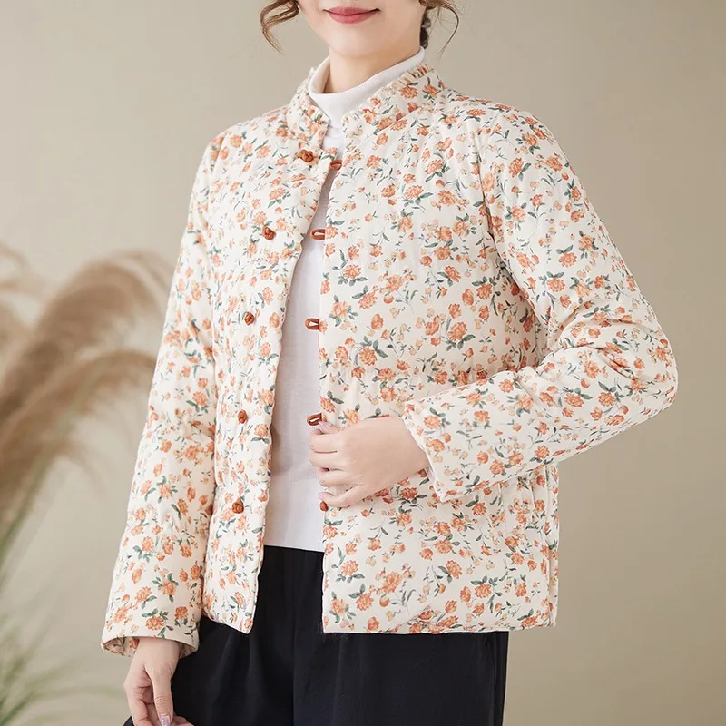 

Women's Thickened Corduroy Print down Cotton Jacket Short Style Winter New Flower Pattern Button Cotton Coat Outerwear