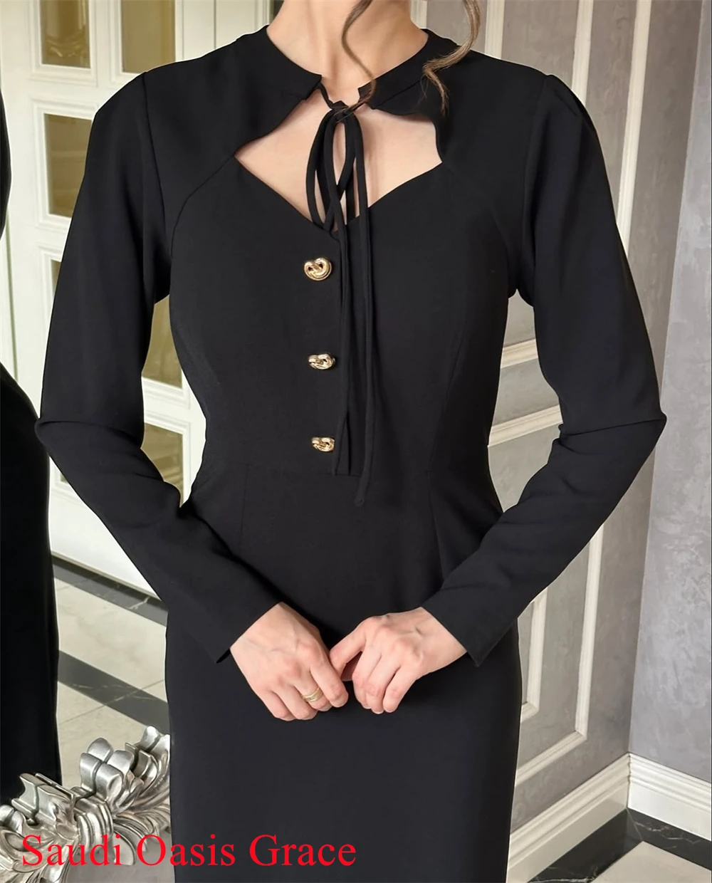 Vestido de noche personalizado, Jersey negro Simple, exquisito, manga larga, vestidos de fiesta, moda, cuello redondo, ocasión especial