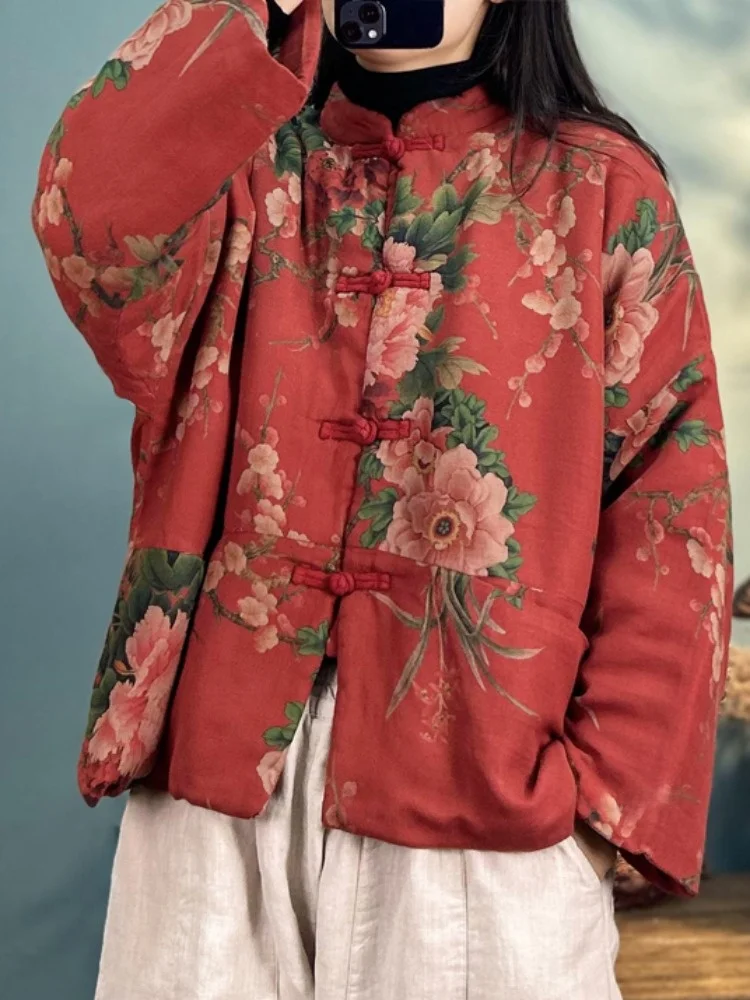 

Red Cotton Flannel Printed Thickened Winter Jacket Women's Retro Button-Up Coat Windproof Warm Long Sleeve Stand Collar Coat