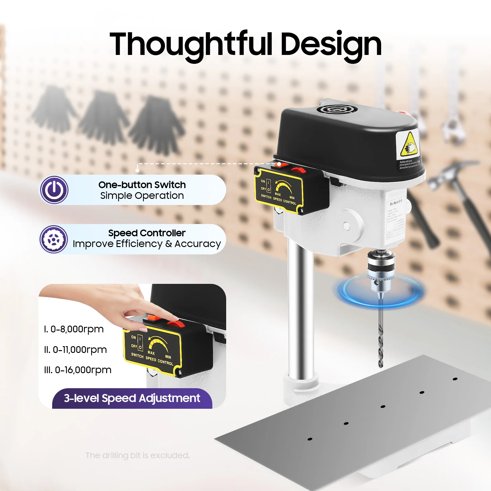 340W Mini Bench Drill Press, 3-level Adjustable Speed Corded Mini Table Drill, High-precision Portable Bench Drill Machine