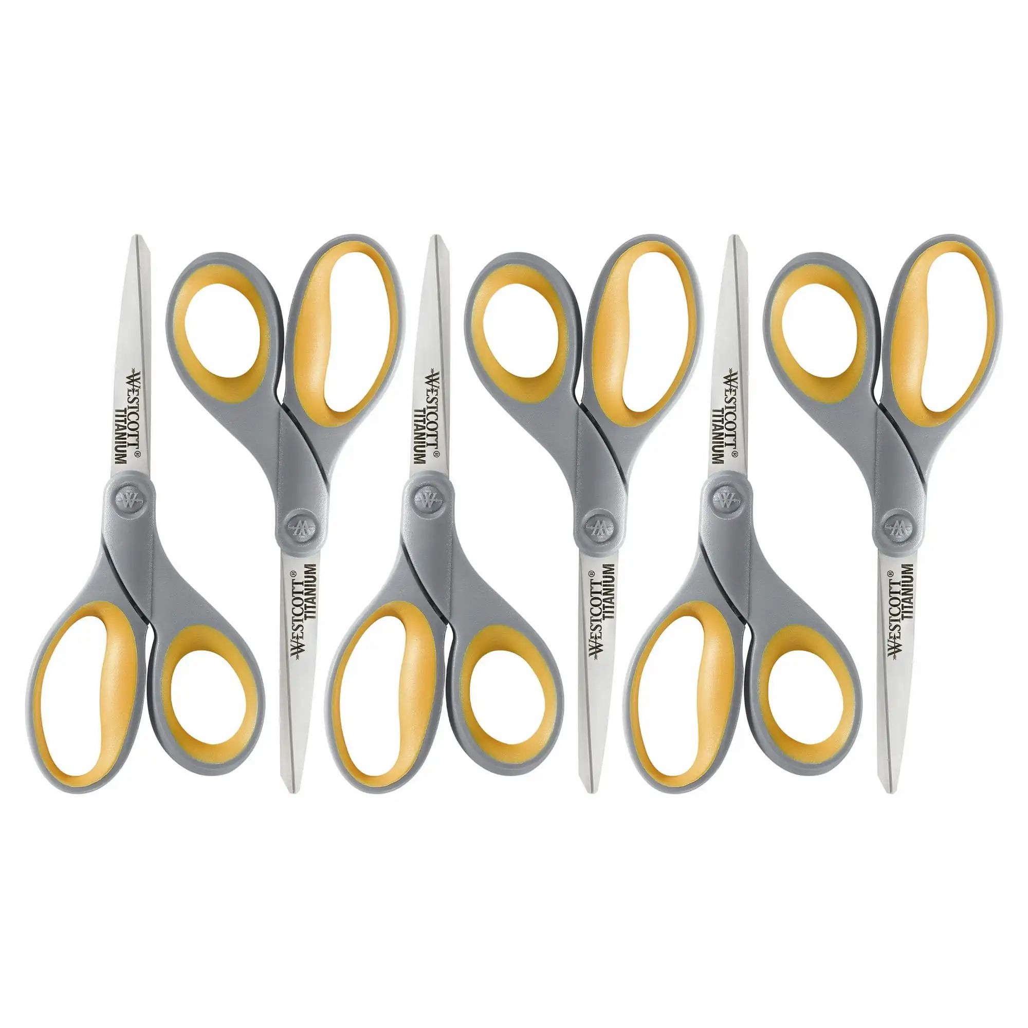 Westcott Straight Scissors, Titanium Bonded, 8", Grey/Yellow, for Office/School, 6-Pack