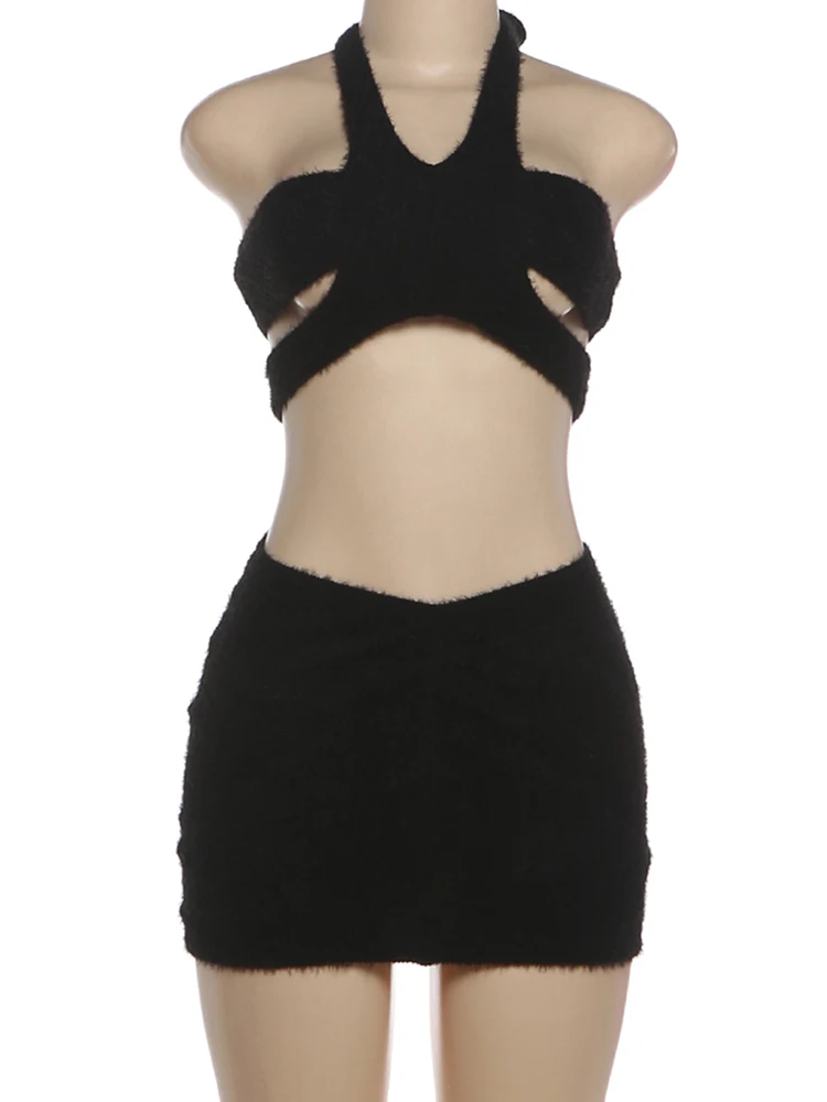 SiSterlinda Sexy Furry Girls 2 Piece Set Woman Lace-Up Halter Irregular Hollow Crop Tops+Mini Skirts Midnight Club Party Outfits