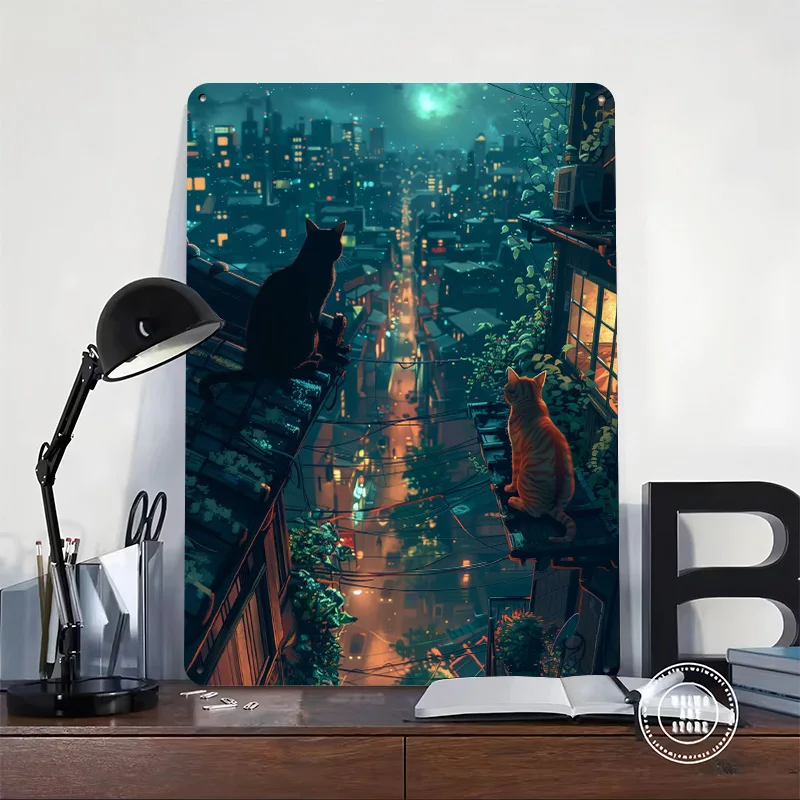 Cats on Rooftop Night City Personalized 3D Textured Metal Poster Wall Art Vintage Tin Signs for Home Decor Ornaments House Items