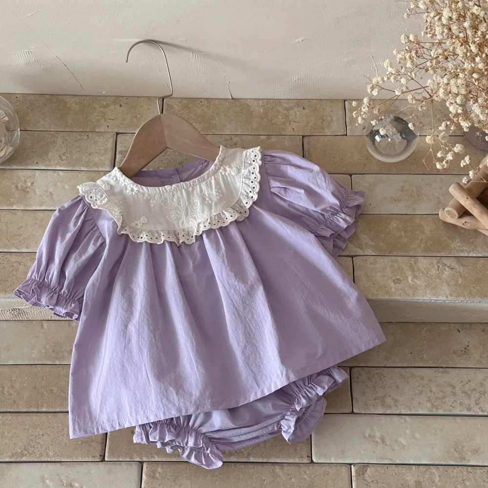 2026 Summer New Baby Girl Short Sleeve Clothes Set Kids Girls Lace Collar Tops + Shorts 2pcs Suit Toddler Cotton Outfits