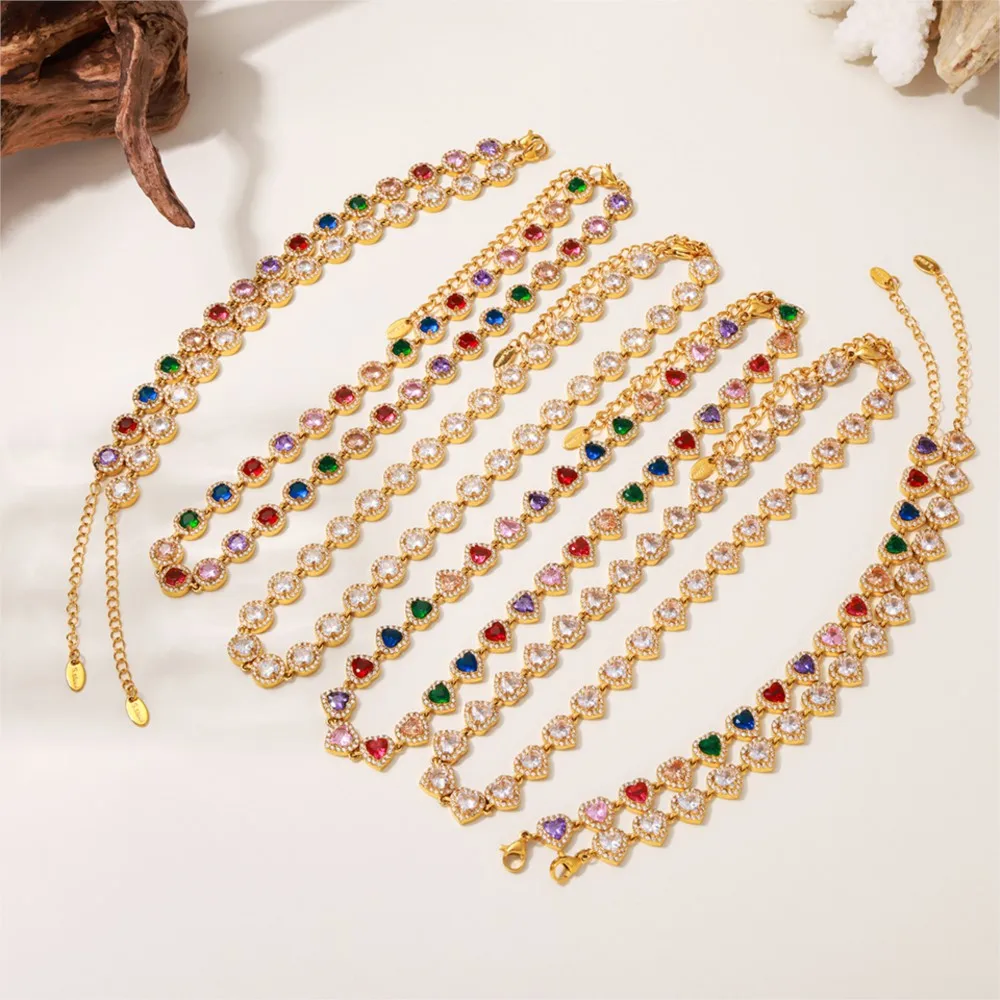 High-end Luxury Necklace Bracelet With Multi Color Zircon For Women 18k Gold Plated Stainless Steel Women\'s Necklaces Bracelets