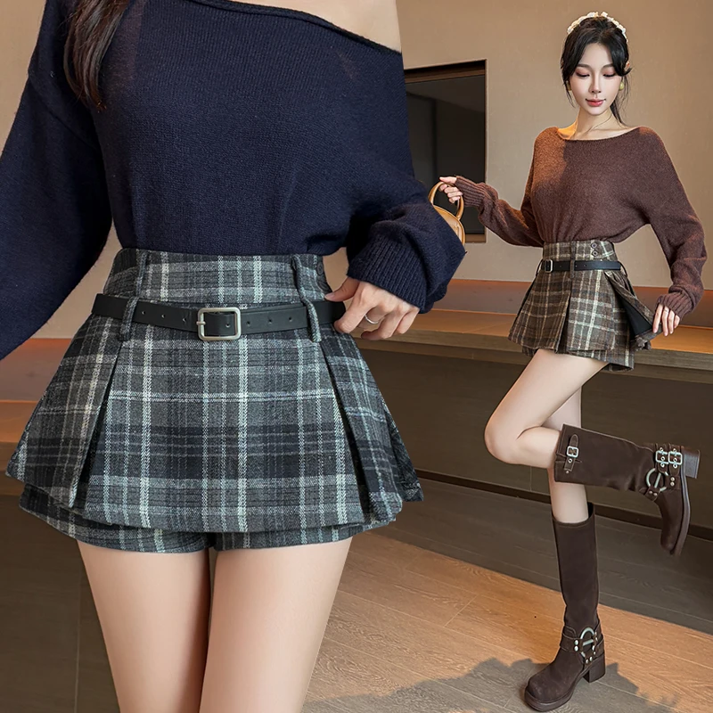 High Rise Plaid Skirt Shorts for Women Pleated A-Line Tweed Mini Skort Fall Outfits Y2K Streetwear Slimming Trendy