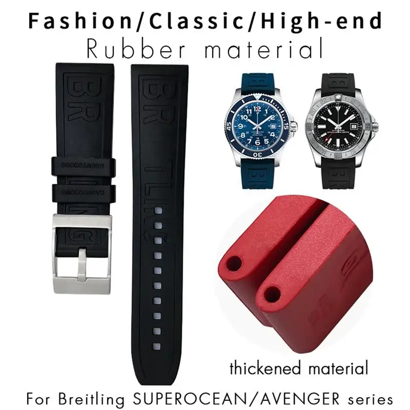 TINTAG 20mm 22mm 24mm Red Orange Black Fluoro Rubber WatchBand Fit For Breitling Strap For Superocean/Navitimer/Avenger Bracelet