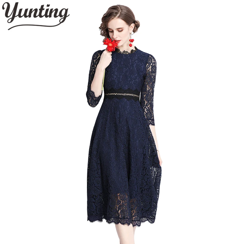 Summer Fashion Elegant Slim Hollow Out Lace Dress Woman Clothing Vestidos Robe Dentelle Jurken