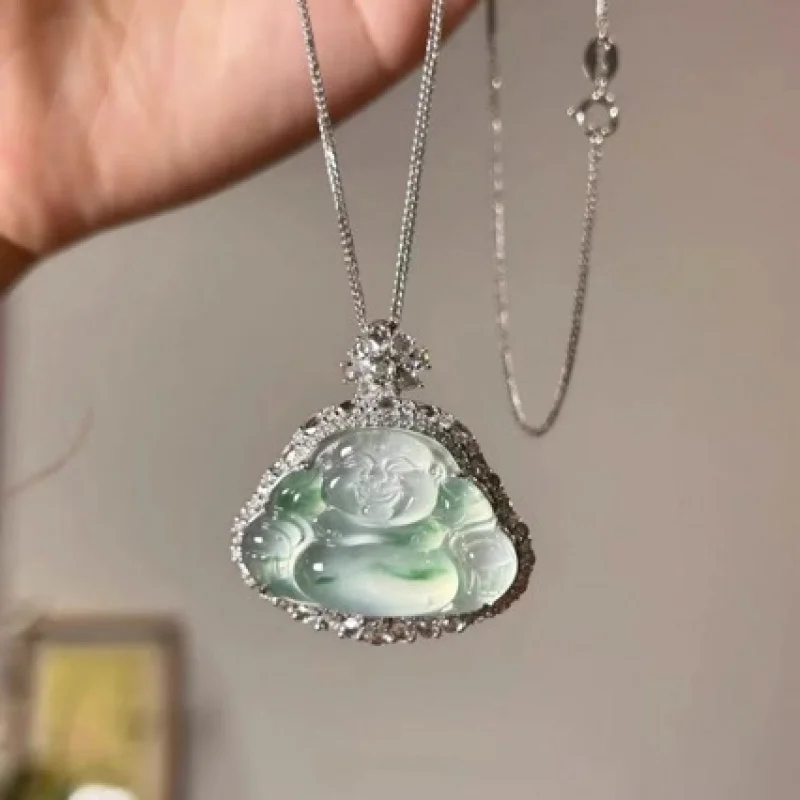 Natural ice Buddha pendant , Burmese A-grade jadeite with green floral patterns, 18k gold inlay, aut