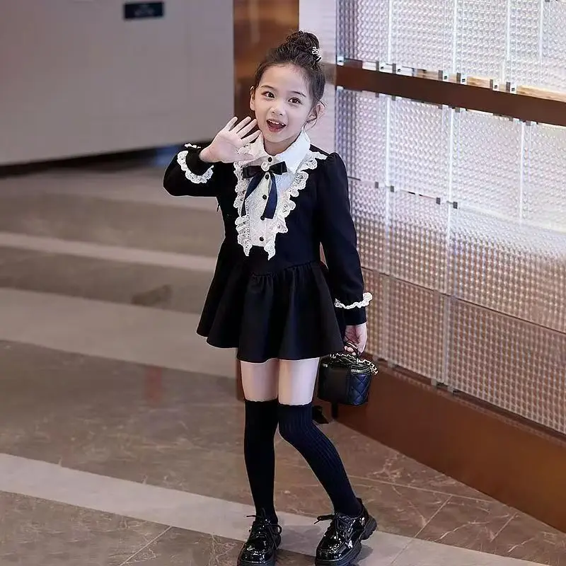 2026 spring retro Girls long Dress Cotton lace sleeve Teenager rhinestone bow Clothes JK Pleated princess dresses 4 8 12 14 year