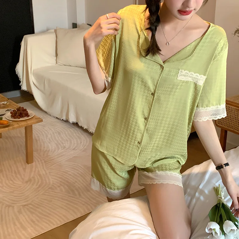 Women's pajamas in summer ice silk smooth breathable cardigan short sleeve shorts suit casual home clothes