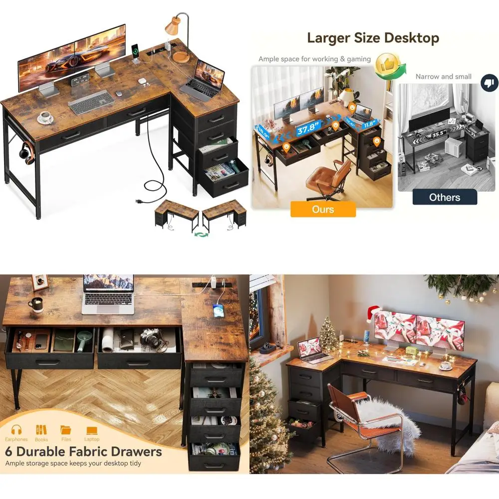 50 Inch Large L-Shaped Desk with 6 Drawers, Power Outlets, Home Office Computer Desk, Reversible Corner Design