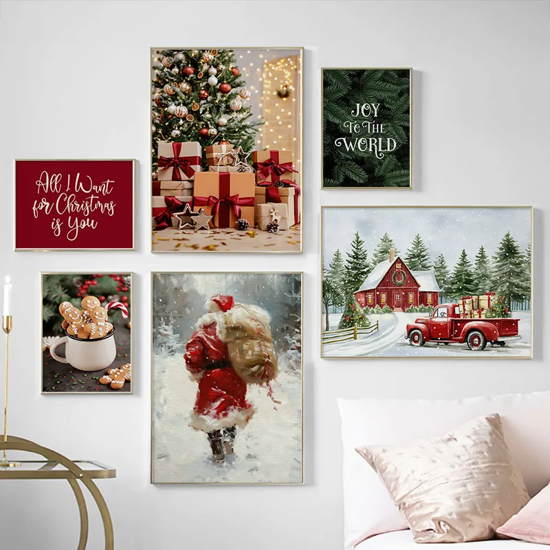 Red Santa Claus Car Christmas Tree Gift Posters Prints Canvas Printing Wall Art Pictures for Holiday Kids Living Room Home Decor