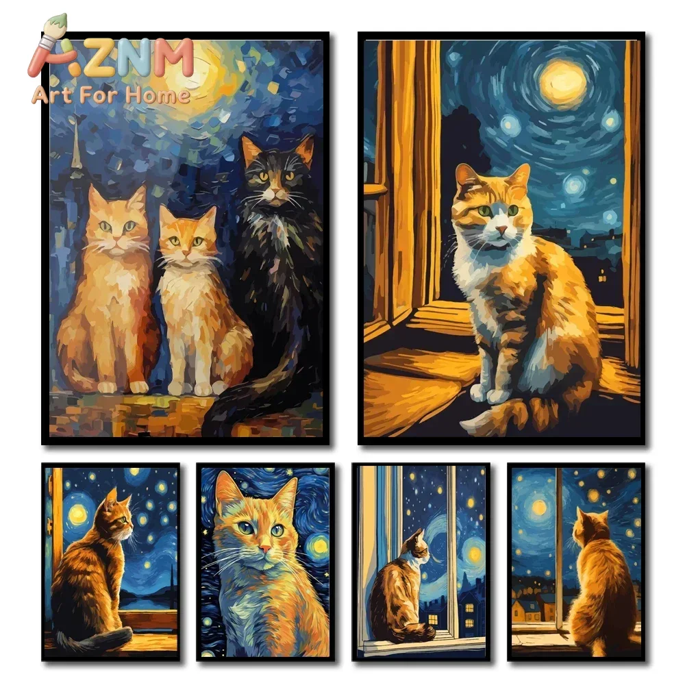 Vintage Orange Cat Black Cat Golden Retriever Look Moonlight Abstract Picture Canvas Print Art Poster Wall Decor Home Hecor