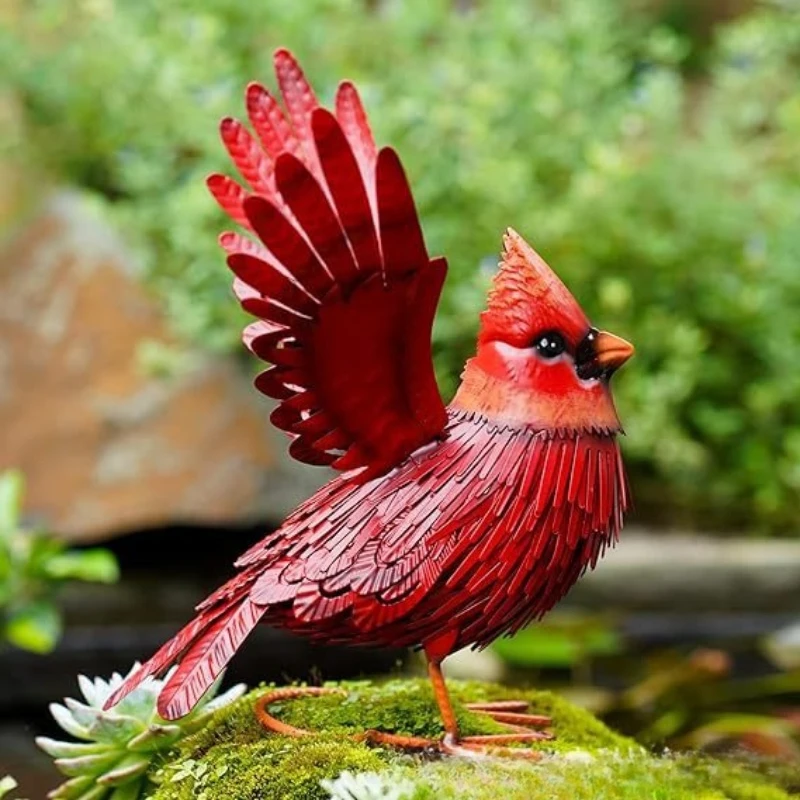 Cardinal Garden Decor Outdoor Statues, Metal Red Bird Standing Yard Art,Lawn Sculptures Ornaments for Outside Patio Backyard