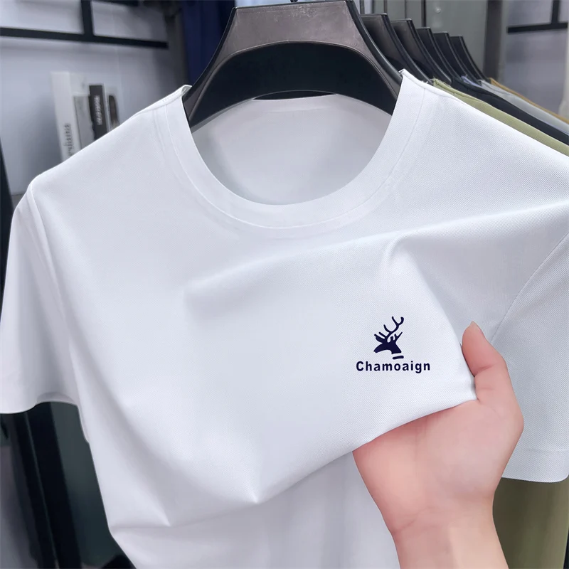 

Luxurious Men's New Summer Seamless T-Shirt Round-Neck Silk Anti-Wrinkle Short-Sleeved Printed Solid Color High Quality Shirt