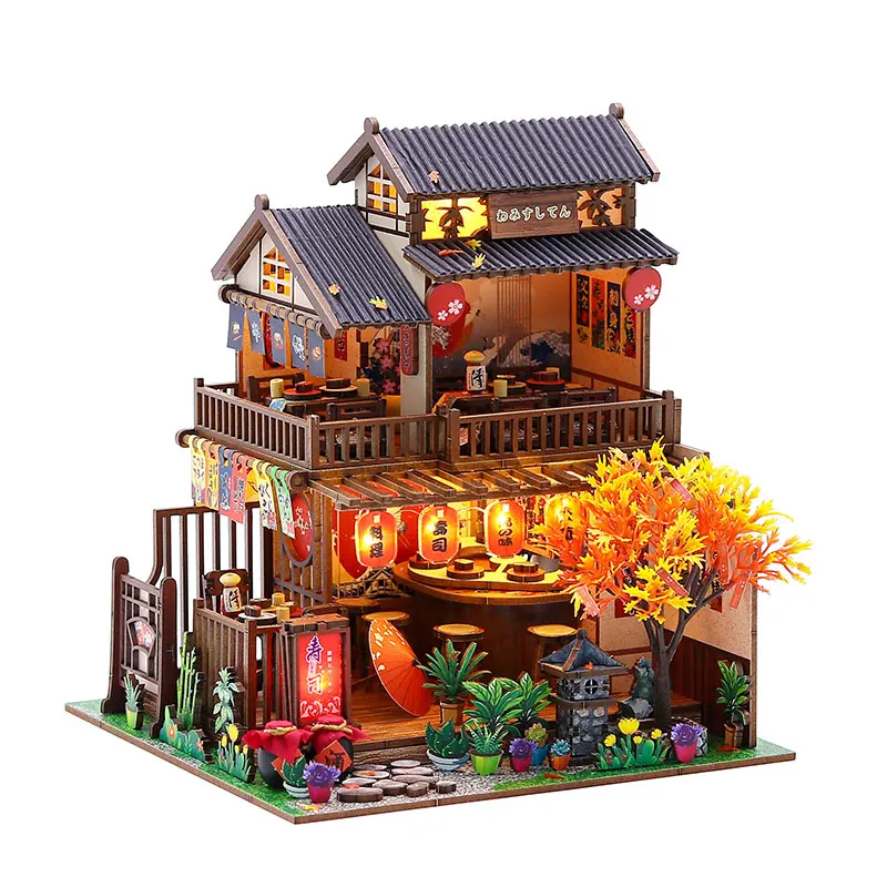 

Handmade Japanese Restaurant Miniature Dollhouse DIY Kit LED Light Up 3D Wooden Puzzle Assembly Craft Model Collectible Gift Hom