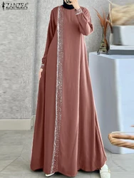 ZANZEA Autumn Long Dresses Elegant Long Sleeve Muslim Abaya Robe Femme Women Polka Dots Patchwork Maxi Sundress IsIamic Clothing