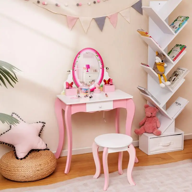 

Vanity Table and Stool Set with 360° Rotating Mirror and Whiteboard-Pink