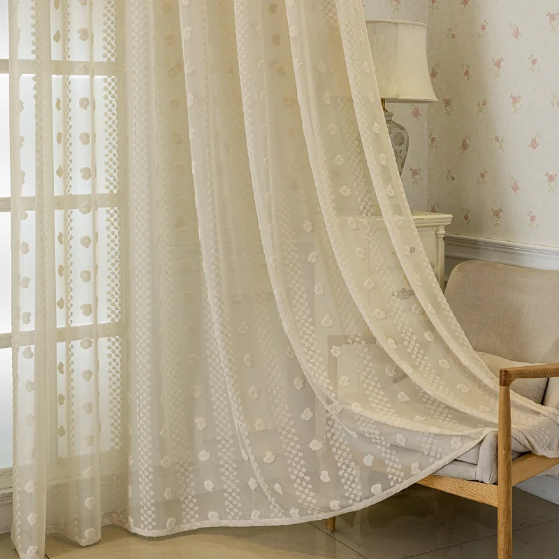 American-style Hollow Jacquard Relief Semi-transparent Sheer Curtains for Living Room, Bedroom and Dining Room Window Drapes