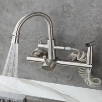 Matte Black Kitchen Faucet Wall Mounted with Spray Gun Hot and Cold Water Mixer Rotatable Dual Mode Tap for Versatile