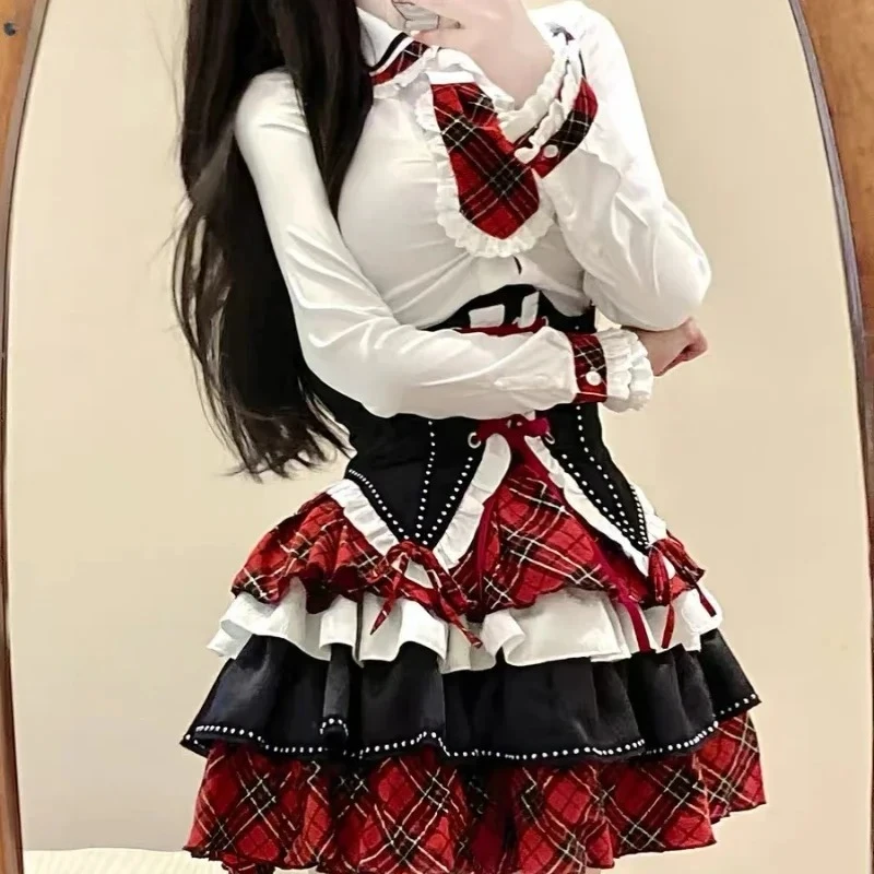 

Japanese 2025 Plaid Kawaii Sweet Mini Skirt Suit Female New Gothic Lolita 3 Piece Set Women Korean Fashion Chic Y2k fhgfhgh4