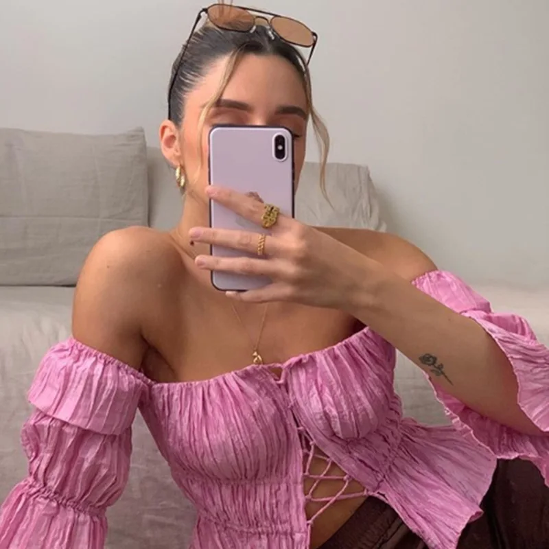 Off Shoulder Puff Sleeve Women 2024 New Blouse Shirts Crop Pink Top Summer Fashion Lace Up Ruched Blouse Blusas Mujer Tops
