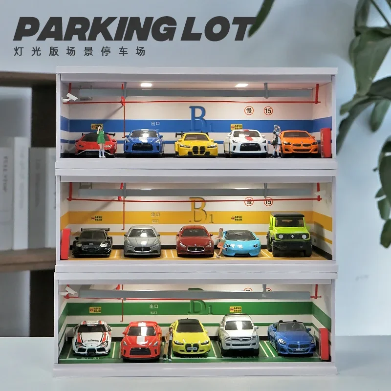 MOREART 1/64 Simulated Parking Lot Model Vehicle Model Display Case Miniature Scene PVC Assembly with Light Parking Space Model