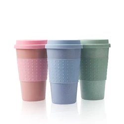 European Style Wheat Straw Fiber Water Cup Car Mounted Silicone Coffee Cup Plastic Personalized Mug with Lid