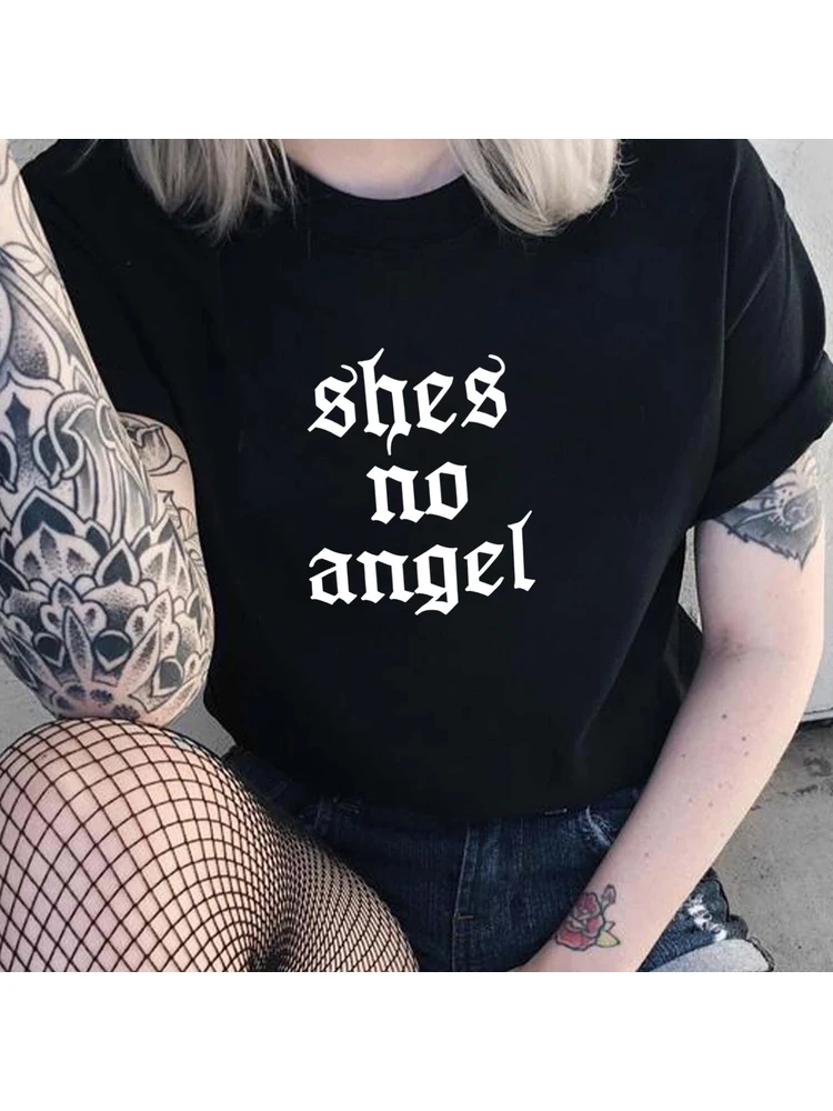 

No Angel Letter Print Chic Summer Harajuku Gothic Vintage Casual Loose Girls Tops Aesthetic Harajuku Tshirt Ulzzang 90s Grunge