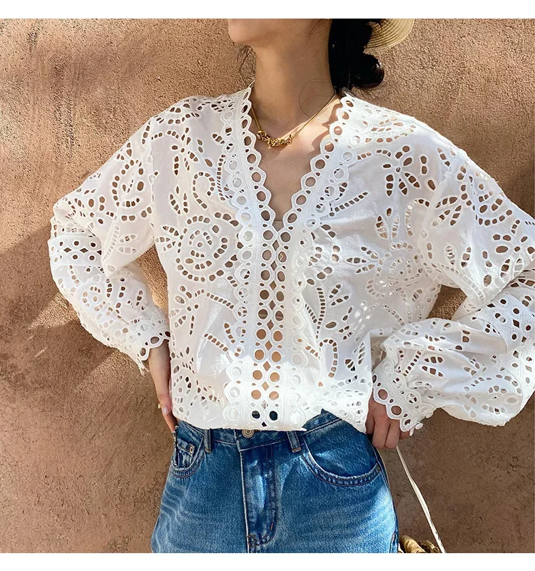 

French Ladies Long Sleeve Design White Shirt Top Women Lace Hollow Out Blouse Embroidered Female for Spring New