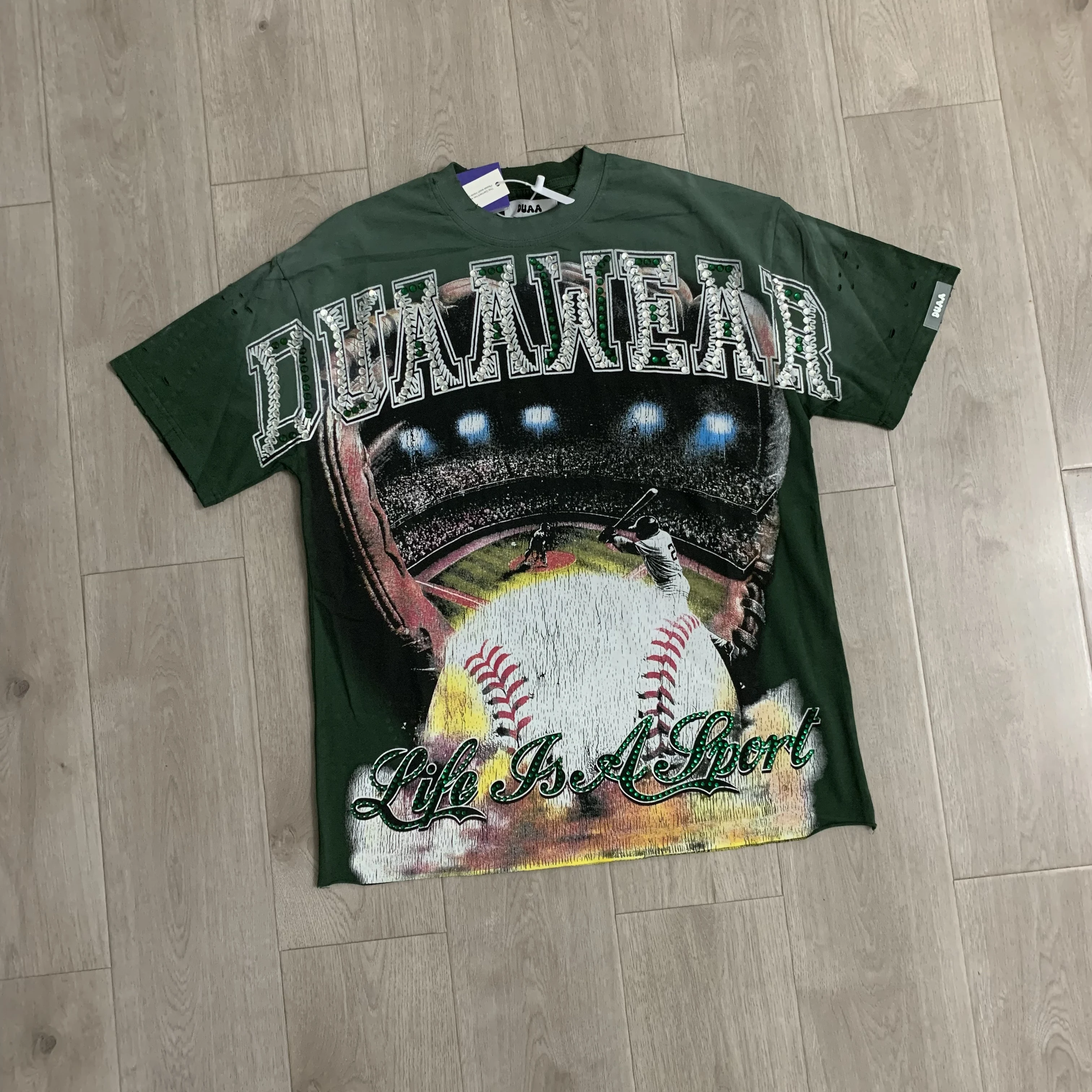 Retro Washed Baseball Game Print Loose Fit Heavyweight Pure Cotton Short Sleeve T-Shirt Distressed Diamond Patchwork Citywalk...