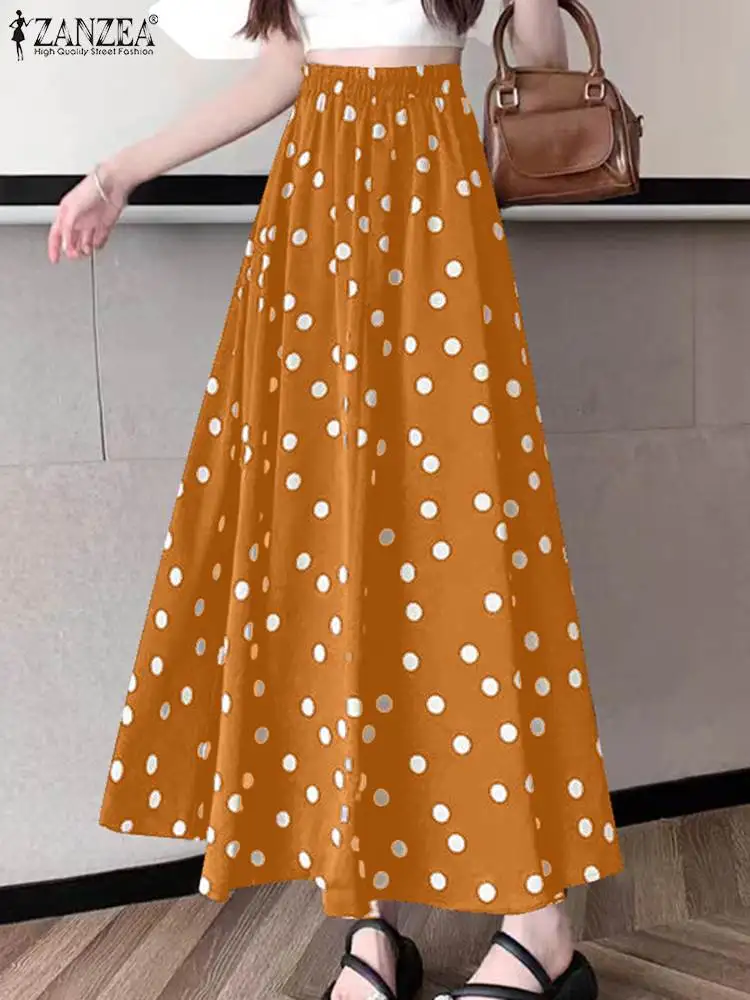 ZANZEA Summer Polka Dot Umbrella Skirt Women Casual Pleats A Line Midi Skirts Elastic Waist Jupe Holiday Beach Bohemian Faldas