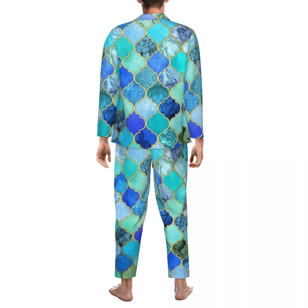 Retro Geo Print Pajama Set Spring Moroccan Tile Sleep Sleepwear Man 2 Pieces Aesthetic Oversize Custom Nightwear Birthday Gift