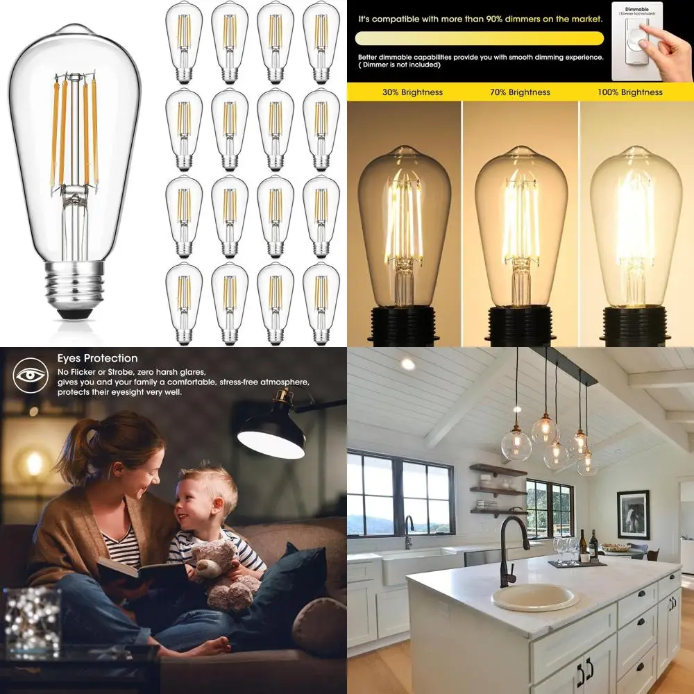 

6W Vintage LED Edison Bulbs, 60W Equivalent, Dimmable, Warm White 2700K, 90+ CRI, E26 Base, Clear Glass, Pack of 16
