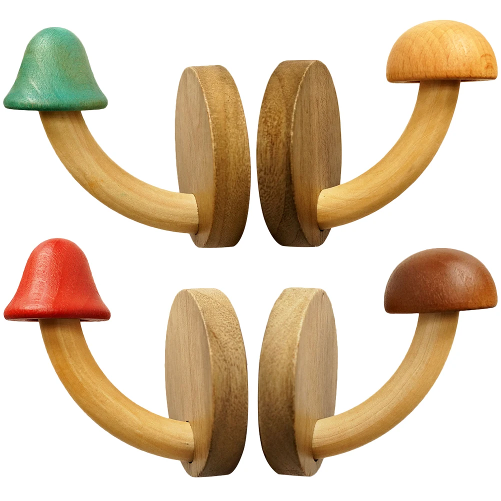 

4pcs Wood Wall Mushroom Coat Hooks Heavy Duty Adhesive Bedroom Bathroom Decorative Small Hooks For Towel Closet Door Organizing
