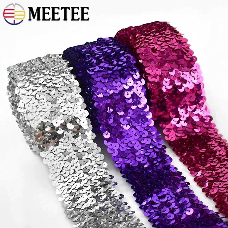 2/5/10Meters 45mm Sequined Elastic Band Lace Trim Stretch Ribbon DIY Dance Dress Clothes Decoration Applique Sewing Accessories