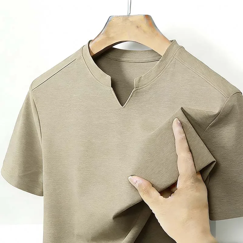 Men's Stand Collar V Notch Short Sleeve T-shirt Casual Business Gray Top for Daily Wear